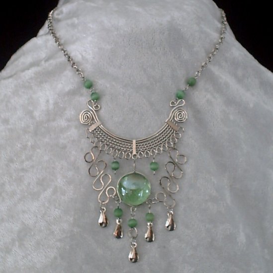 NEW~"EMERALD OF OZ"~Handmade Peruvian NECKLACE ~Alpaca Silver ~Murano/Cat's Eyes ~Jewelry