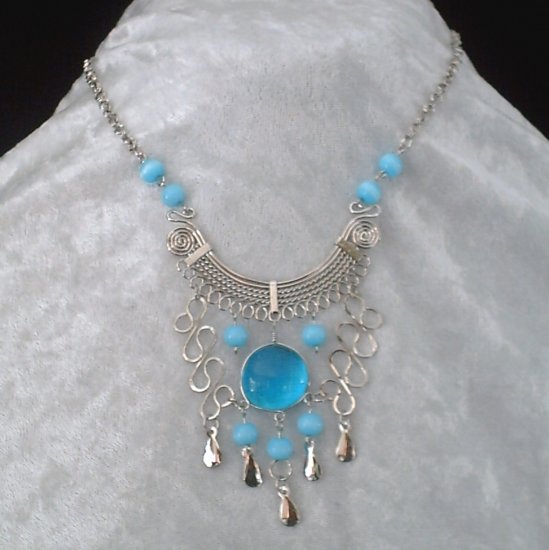 NEW~"SEA MIST"~Handmade Peruvian NECKLACE ~Alpaca Silver ~Murano/Cat's Eyes beads ~Jewelry