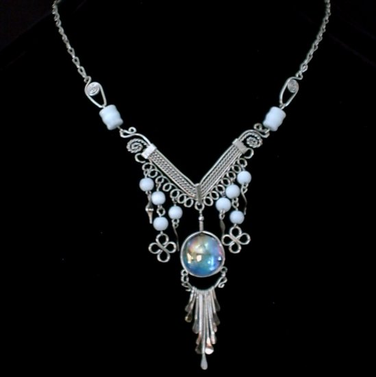 NEW~"GODDESS MOON"~Handmade Peruvian NECKLACE ~Alpaca Silver ~Murano/Cat's Eye beads ~Jewlery
