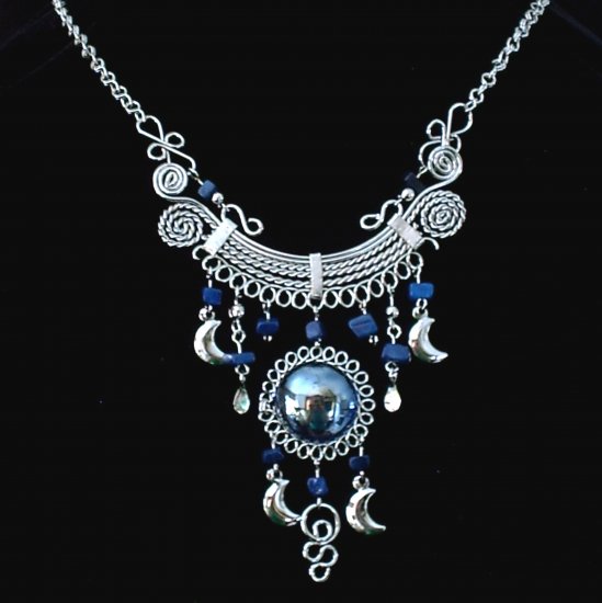 NEW~"MIDNIGHT MOONS"~Handmade Peruvian NECKLACE ~Alpaca Silver ~Murano/Cascajo beads ~Jewelry