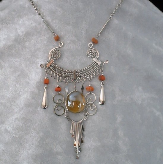 NEW~"TANGERINE DREAM"~Handmade Peruvian NECKLACE ~Alpaca Silver ~Murano/Cat's Eyes ~Jewelry