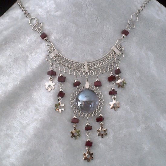 NEW~"MAGENTA BLOOMS"~Handmade Peruvian NECKLACE ~Alpaca Silver ~Murano/Cascajo beads ~Jewelry