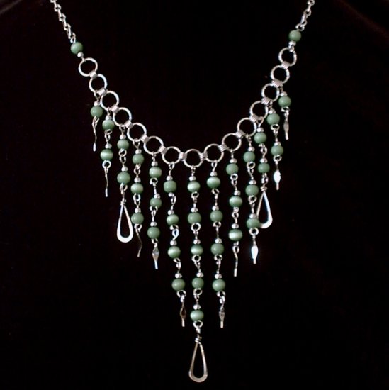 NEW~"EMERALD CASCADES"~Handmade Peruvian NECKLACE ~Alpaca Silver Jewelry ~Cat's Eye beads