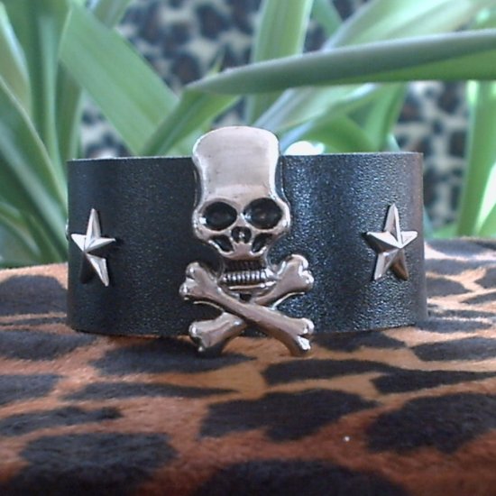 Black Pleather STUDDED CUFF BRACELET ~ Punk ~ Rock~Goth~Pirates ~large Skulls & Crossbones, Stars