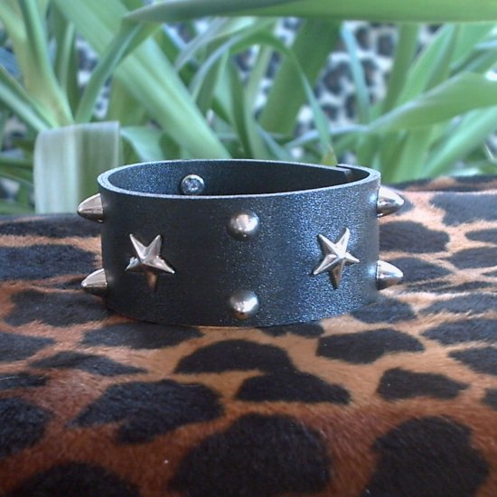 Black Pleather STUDDED CUFF BRACELET ~ Punk ~ Rock ~ Goth ~ Raised Studs & Stars ~ FREE SHIPPING
