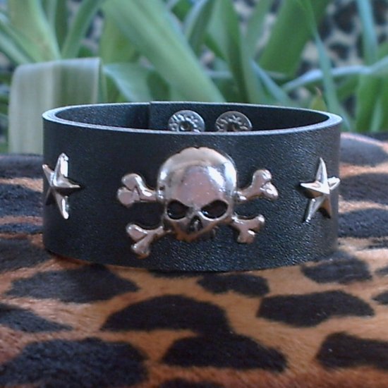 Black Pleather STUDDED CUFF BRACELET ~Punk~Rock~Goth~Pirates ~Skulls & Crossbones & Stars