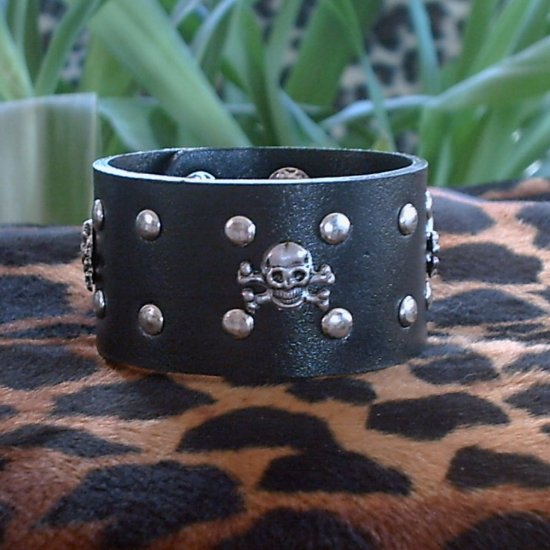 Black Pleather STUDDED CUFF BRACELET ~Punk~Rock~Goth~Pirates ~Skulls & Crossbones