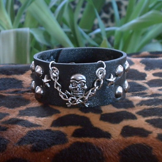 Black Pleather STUDDED CUFF BRACELET ~Punk~Rock~Goth~Pirates ~with Skull & Bones, Stars, Chain
