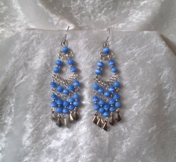 "Royal Blue Cascades" HANDMADE Peruvian EARRINGS ~ Alpaca Silver Jewelry ~ Dangling Cat's Eyes Beads
