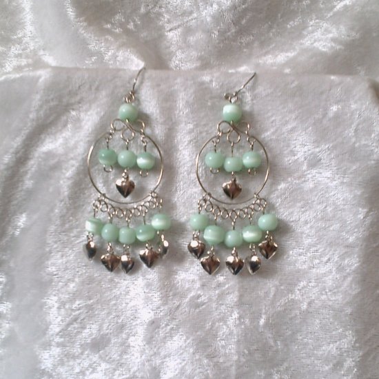 "Pale Emerald Hoop" HANDMADE Peruvian EARRINGS ~ Alpaca Silver Jewelry ~ Cat's Eyes Beads