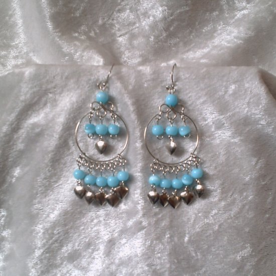 "Sky Blue Hoop" HANDMADE Peruvian EARRINGS ~ Alpaca Silver Jewelry~ Dangling Cat's Eyes Beads