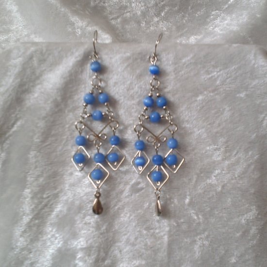 "Deep Sea Blue Diamonds" HANDMADE Peruvian EARRINGS ~Alpaca Silver Jewelry ~Cat's Eyes Beads