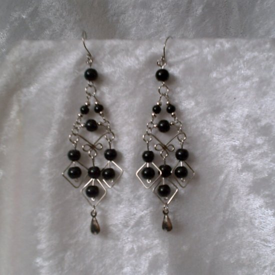 "Black Midnight Diamonds" HANDMADE Peruvian EARRINGS ~Alpaca Silver Jewelry ~Cat's Eyes Beads