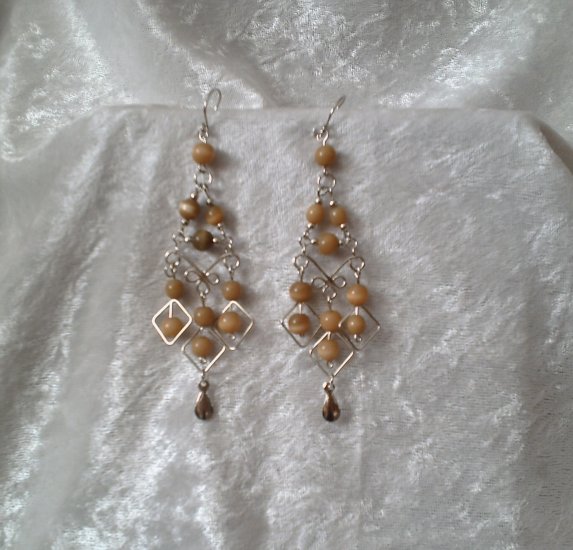 "Amber Gold Diamonds" HANDMADE Peruvian EARRINGS ~Alpaca Silver Jewelry ~Cat's Eyes Beads