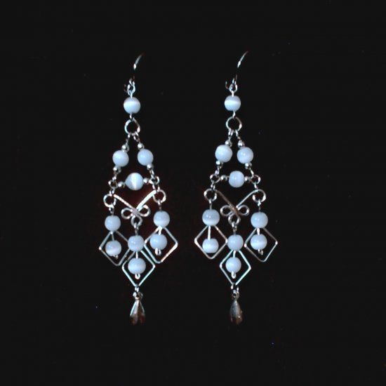 "White Pearl Diamonds" HANDMADE Peruvian EARRINGS ~Alpaca Silver Jewelry ~Cat's Eyes Beads