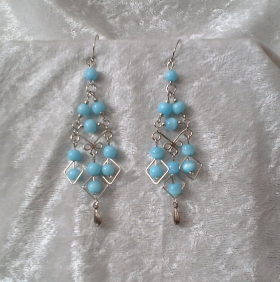 "Sky Blue Diamonds" HANDMADE Peruvian EARRINGS ~Alpaca Silver Jewelry ~Cat's Eyes Beads