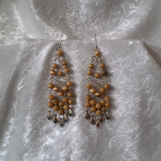 "Golden Cascades" HANDMADE Peruvian EARRINGS ~Alpaca Silver Jewelry ~Dangling Cat's Eyes Beads