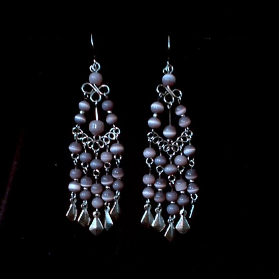 "Lavender Cascades" HANDMADE Peruvian EARRINGS ~Alpaca Silver Jewelry ~Dangling Cat's Eyes Beads