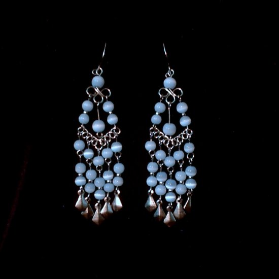 "Ice Blue Cascades" HANDMADE Peruvian EARRINGS ~Alpaca Silver Jewelry ~Dangling Cat's Eyes Beads