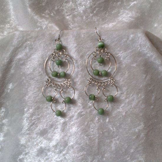 "Endless Emerald Hoops" HANDMADE Peruvian EARRINGS ~Alpaca Silver Jewelry ~Cat's Eyes Beads