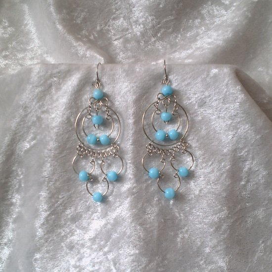 "Endless Blue Sky Hoops" HANDMADE Peruvian EARRINGS ~Alpaca Silver Jewelry ~Cat's Eyes Beads