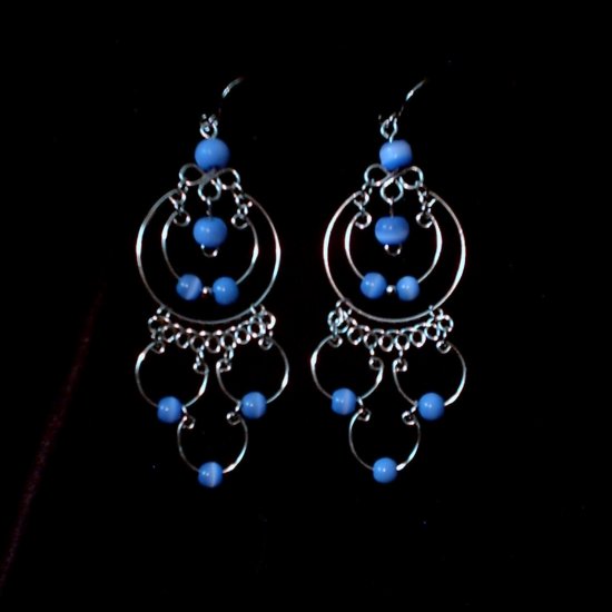 "Endless Blue Waters Hoops" HANDMADE Peruvian EARRINGS ~Alpaca Silver Jewelry ~Cat's Eye Beads