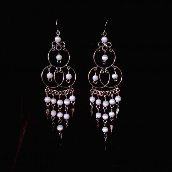 "Triple Elegance in White" HANDMADE Peruvian EARRINGS ~Alpaca Silver Jewelry ~Cat's Eyes Beads