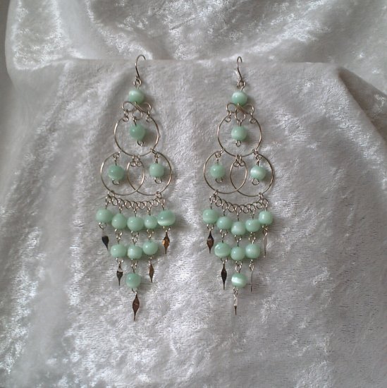 "Triple Elegance in Green" HANDMADE Peruvian EARRINGS ~Alpaca Silver Jewelry ~Cat's Eyes Beads