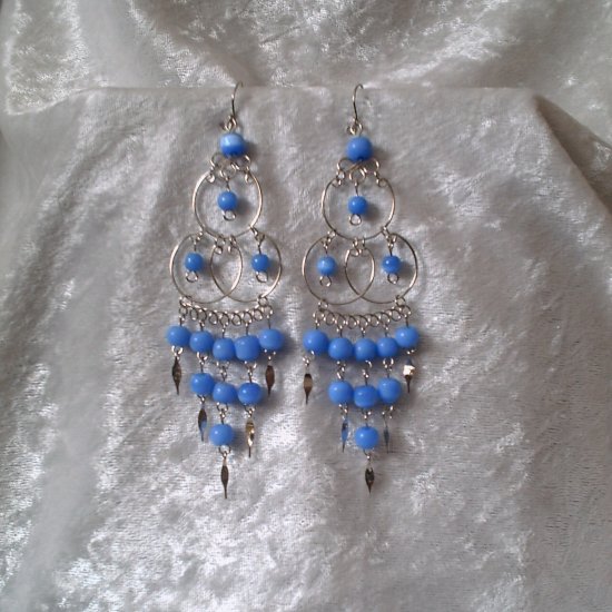 "Triple Elegance in Blue" HANDMADE Peruvian EARRINGS ~Alpaca Silver Jewelry ~Cat's Eyes Beads
