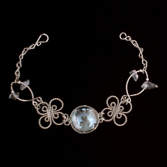 "CLEAR MURANO CELTIC CLOVERS" HANDMADE PERUVIAN Bracelet ~Alpaca Silver Jewelry ~Cascajo nuggets