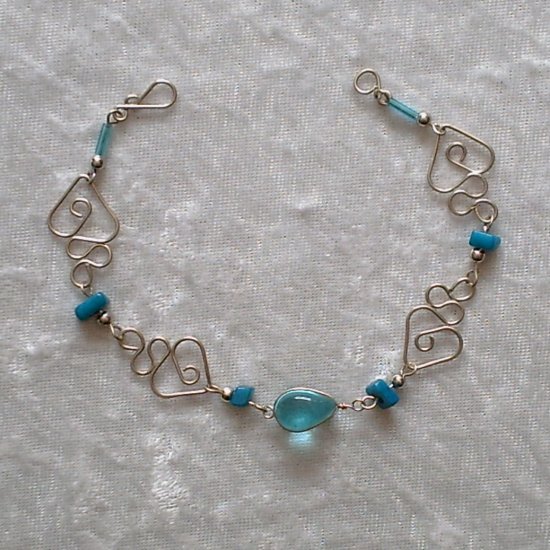 "Turquoise Hearts" MURANO glass & CASCAJO nuggets Bracelet ~HANDMADE Peruvian Alpaca Silver Jewelry