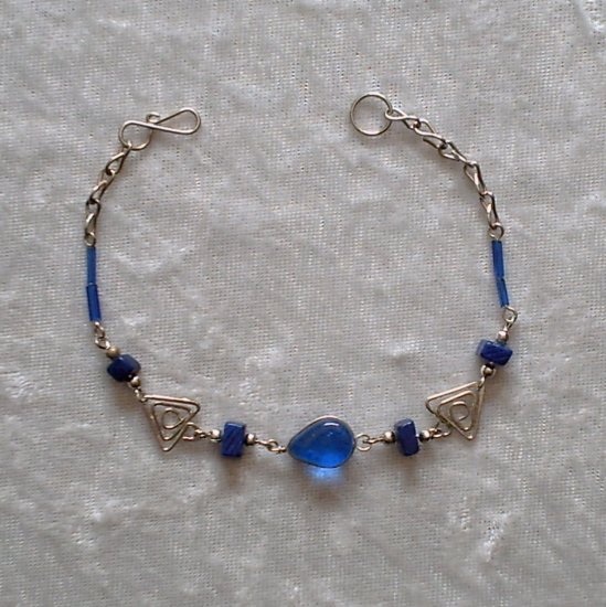 "TRIBAL BLUE" MURANO glass & CASCAJO nugget beads BRACELET ~HANDMADE Peruvian Alpaca Silver Jewelry