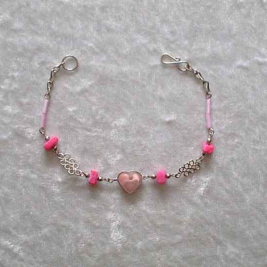 "PINK HEART & KNOTS" MURANO glass & CASCAJO beads BRACELET ~HANDMADE Peruvian Alpaca Silver Jewelry