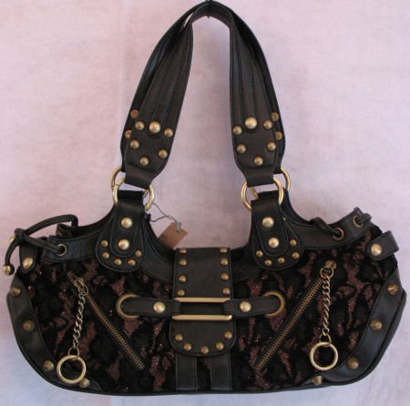 Black Faux Leather Chenille Lace Stud handbag bag purse RESTOCKED