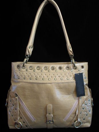 Tan Patent leather like studded handbag bag purse tote