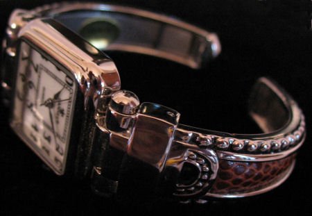 Silver Tone womens Cuff Watch With Brown Leather inlay