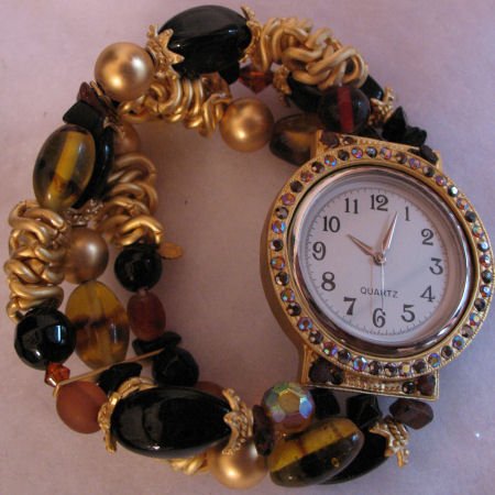 Muted Gold Glass Beaded Watch With Crystal Accents