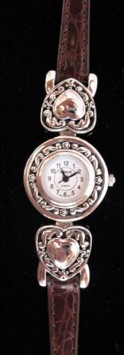 Silver tone watch Heart Brown leather womens watch