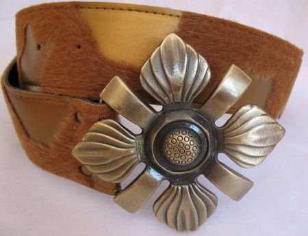 Gold & Tan Faux Fur and Leather Belt Womens accessories