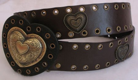 Brass Heart Accented Faux Leather Dark Brown Belt