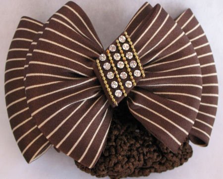 Brown Striped hair bow barrett Crystal Bun Net