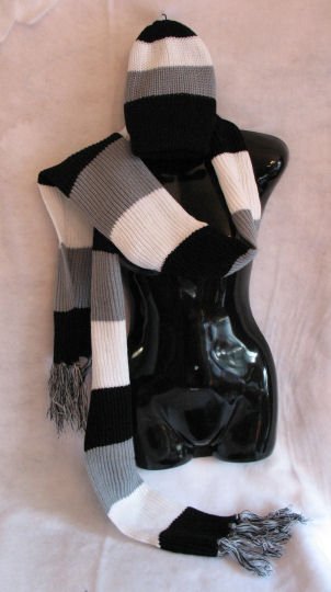 Black grey white striped scarf & Hat set scarves hats