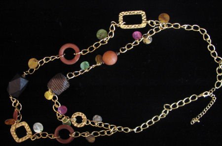 Lighweight large necklace wood shell beads gold tone