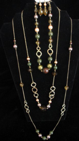 3 tier necklace set beaded with green brown peach beads