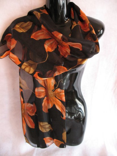 Beautiful Large Floral Print Black Orange Scarf Scarves