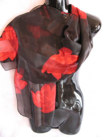 Beautiful Black & Red Large floral print scarf Scarves