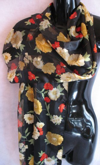 Navy Blue Floral Print Red, Gold, green Scarf Scarves