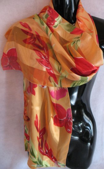 Large Floral Print Orange Red Pink Green Scarf Scarves