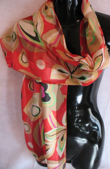 Large Floral Print REd Tan Black Green Scarf Scarves