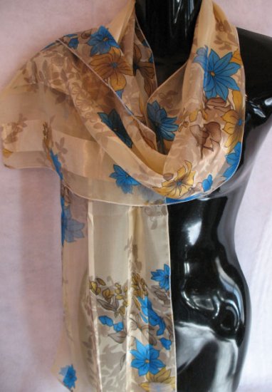 Floral Print Tan Gold Blue Scarf Scarves Wrap SOLD OUT
